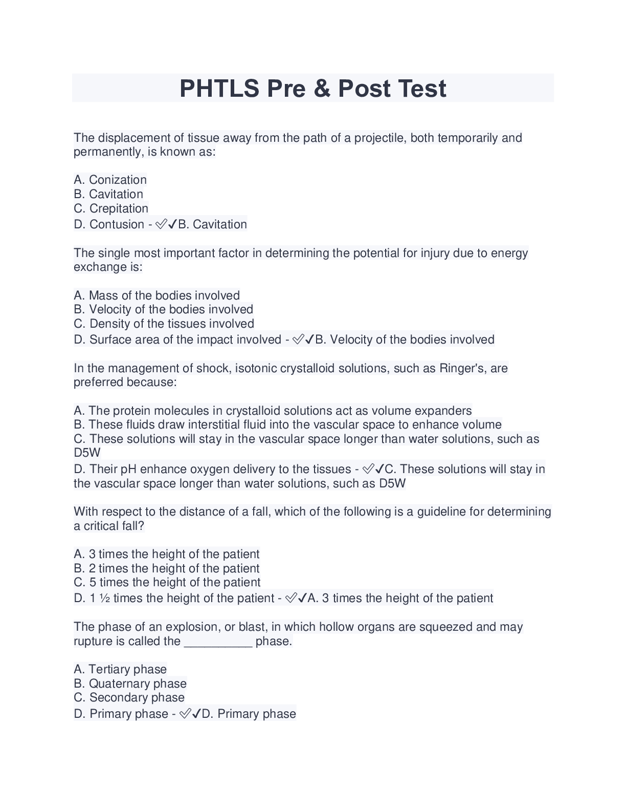 Preview image for PHTLS Pre & Post Test Answered; 100% Answered correct.